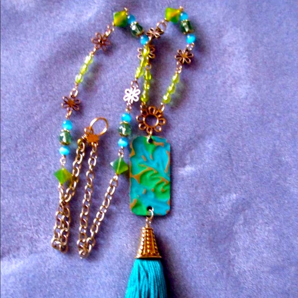 Long Adjustable Metal Boho Tassel Necklace Green